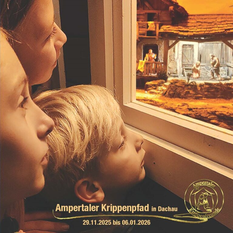Foto von drei jüngeren Kindern, die in ein beleuchtetes Schaufenster blicken, in dem eine Krippe ausgestellt ist.